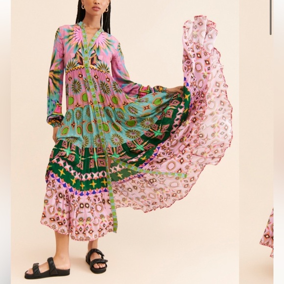 Siddhartha Bansal Anthropologie Pink And Green Geometric Teir shirt Dress